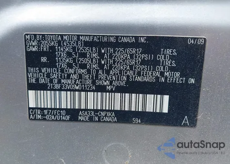 2009 Toyota Rav4 из США, поврежденный, VIN 2T3BF33V09W011234